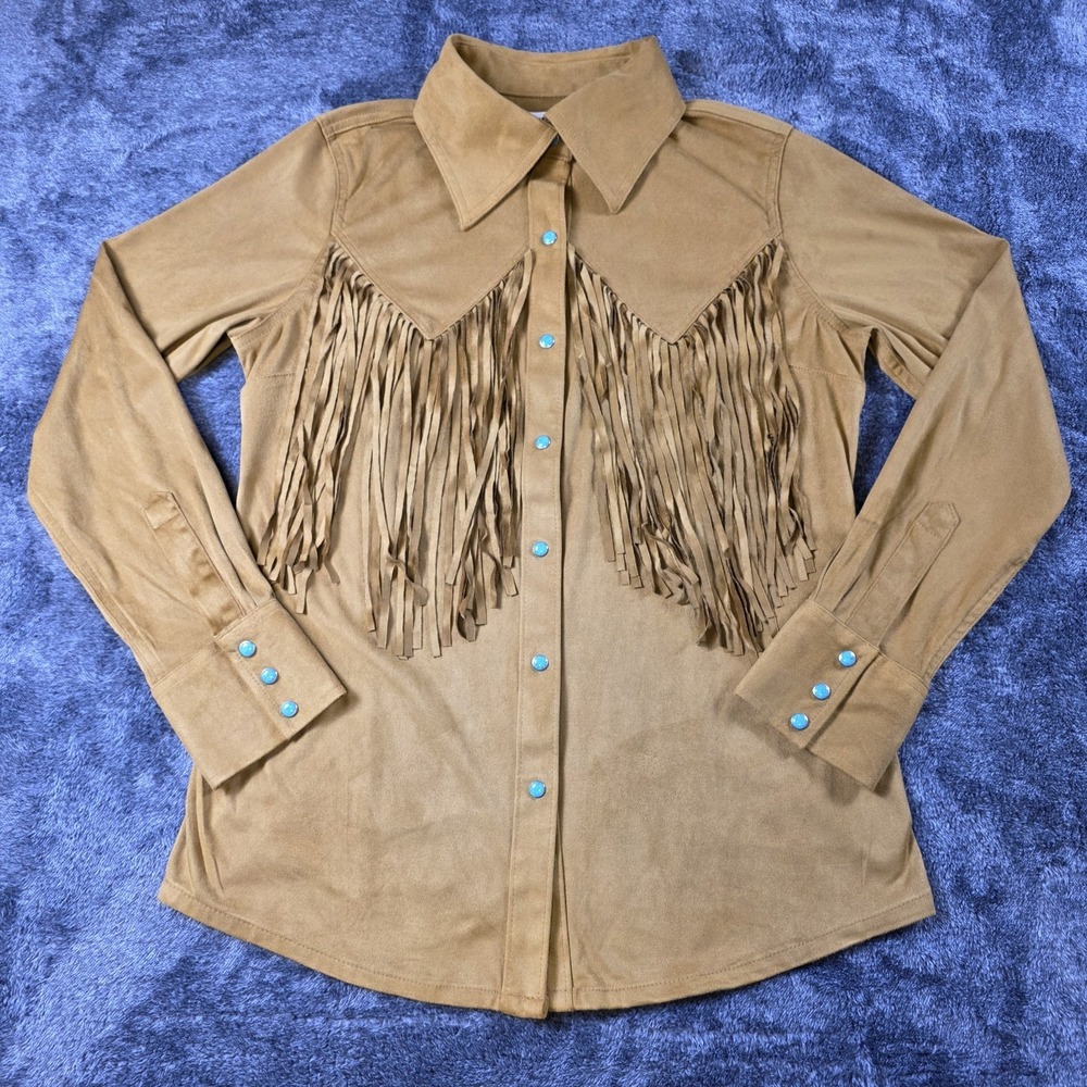 WRANGLER X LAINEY WILSON Western Turquois Pearl Snap Fringe Sueded Shirt Women M